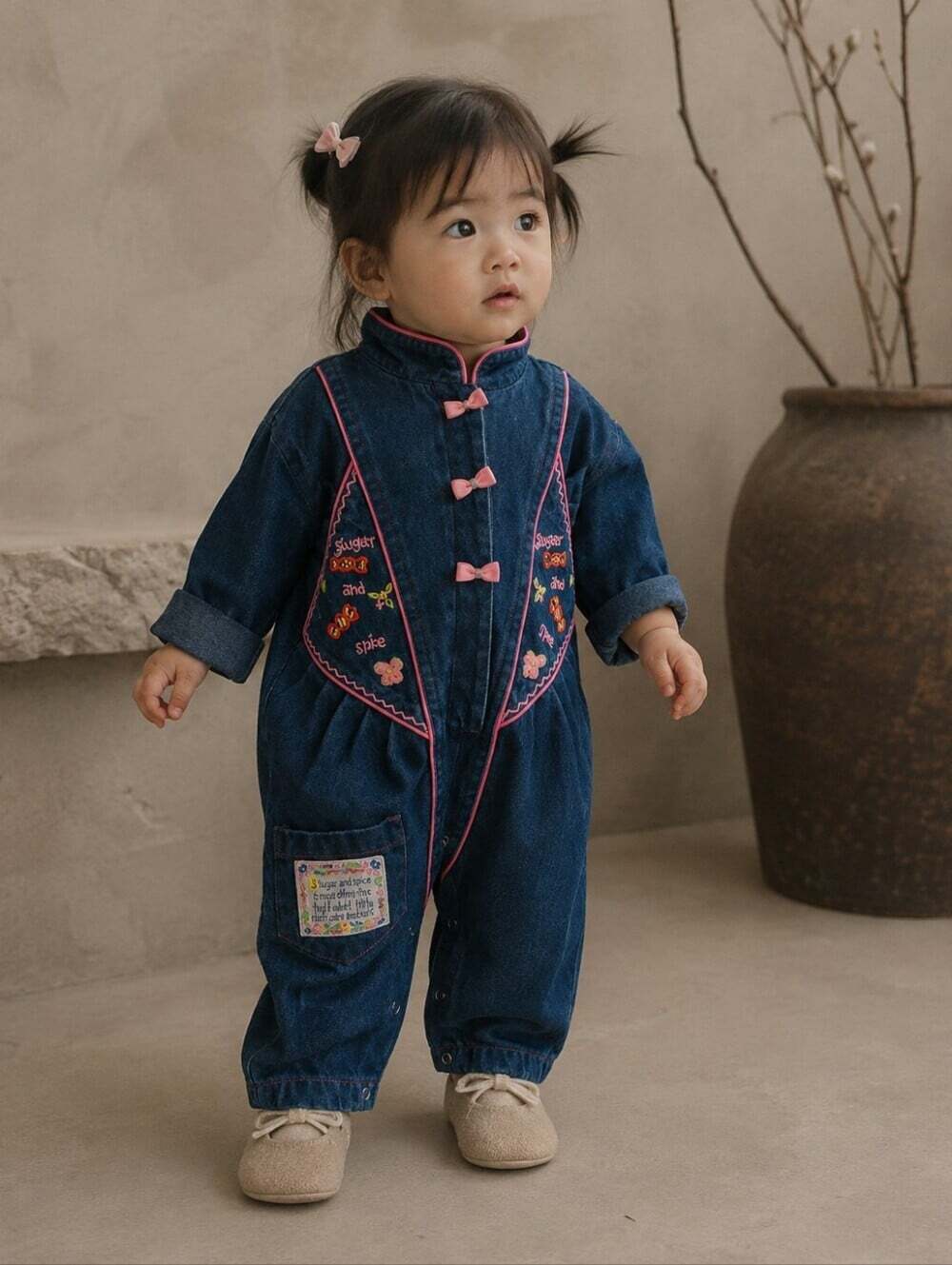 Vintage 90s Popsicle Baby Denim Romper 12M Sugar & Spice Embroidered